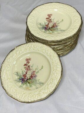 Crown Ducal Florentine Picardy 8" Salad Plates Set of 11 Vtg England Floral Gold